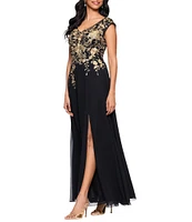 Betsy & Adam Petite Size Embroidered Chiffon V-Neck Cap Sleeve Dress