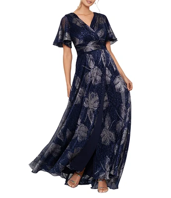 Betsy & Adam Petite Size Faux Wrap V-Neck Short Sleeve Foil Print Gown
