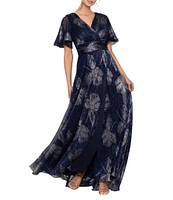 Betsy & Adam Petite Size Faux Wrap V-Neck Short Sleeve Foil Print Gown