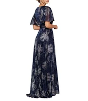 Betsy & Adam Petite Size Faux Wrap V-Neck Short Sleeve Foil Print Gown
