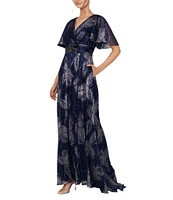Betsy & Adam Petite Size Faux Wrap V-Neck Short Sleeve Foil Print Gown