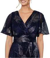 Betsy & Adam Petite Size Faux Wrap V-Neck Short Sleeve Foil Print Gown