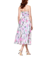 Betsy & Adam Petite Size Floral Print Tulle Pleated Midi Dress