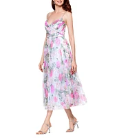 Betsy & Adam Petite Size Floral Print Tulle Pleated Midi Dress