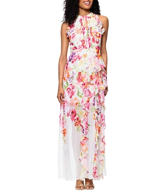 Betsy & Adam Petite Size Halter Neck Floral Print Chiffon Dress