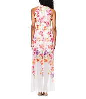Betsy & Adam Petite Size Halter Neck Floral Print Chiffon Dress