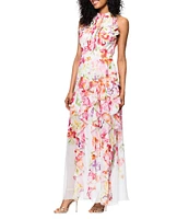 Betsy & Adam Petite Size Halter Neck Floral Print Chiffon Dress