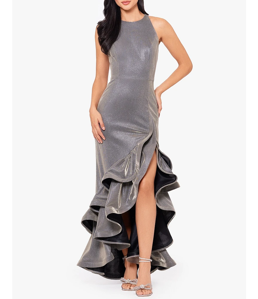 Betsy & Adam Petite Size High-Low Ruffle Hem Crew Neck Sleeveless Glitter Knit Mermaid Gown