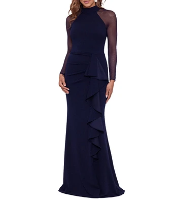 Betsy & Adam Petite Size Mesh Long Sleeve Mock Neck Cascade Ruffle Scuba Crepe Ruched Waist Gown