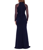 Betsy & Adam Petite Size Mesh Long Sleeve Mock Neck Cascade Ruffle Scuba Crepe Ruched Waist Gown