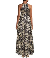 Betsy & Adam Petite Size Metallic Crinkle Sleeveless Halter Neck Foil Floral Print A-Line Gown