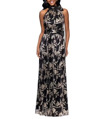 Betsy & Adam Petite Size Metallic Print Crinkled Halter Neck Dress