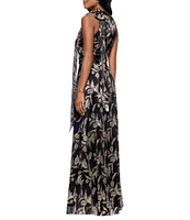 Betsy & Adam Petite Size Metallic Print Crinkled Halter Neck Dress
