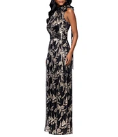 Betsy & Adam Petite Size Metallic Print Crinkled Halter Neck Dress