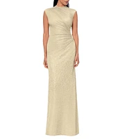 Betsy & Adam Petite Size Mock Neck Ruched Bodice Crinkled Metallic Sleeveless Sheath Gown
