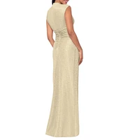 Betsy & Adam Petite Size Mock Neck Ruched Bodice Crinkled Metallic Sleeveless Sheath Gown