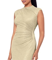 Betsy & Adam Petite Size Mock Neck Ruched Bodice Crinkled Metallic Sleeveless Sheath Gown
