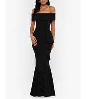 Betsy & Adam Petite Size Off-the-Shoulder Ruffled Scuba Crepe Maxi Dress