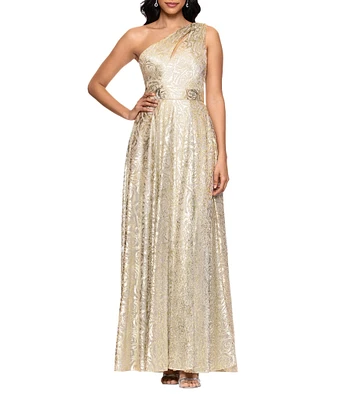 Betsy & Adam Petite Size One Shoulder Foil Flower Print Dress