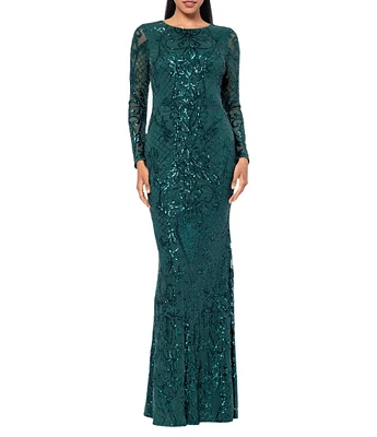 Betsy & Adam Petite Size Sequin Round Neck Long Sleeve Gown