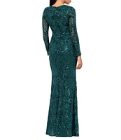 Betsy & Adam Petite Size Sequin Round Neck Long Sleeve Gown