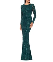 Betsy & Adam Petite Size Sequin Round Neck Long Sleeve Gown