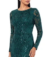 Betsy & Adam Petite Size Sequin Round Neck Long Sleeve Gown