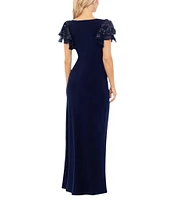 Betsy & Adam Petite Size Short Sequin Sleeve V-Neck Faux Wrap Gown