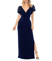 Betsy & Adam Petite Size Short Sequin Sleeve V-Neck Faux Wrap Gown