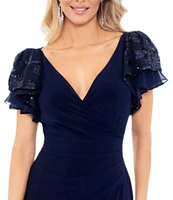 Betsy & Adam Petite Size Short Sequin Sleeve V-Neck Faux Wrap Gown
