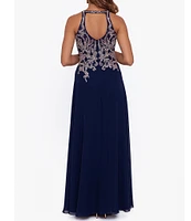 Betsy & Adam Petite Size Sleeveless Beaded Halter Neck Chiffon Gown