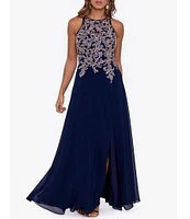 Betsy & Adam Petite Size Sleeveless Beaded Halter Neck Chiffon Gown