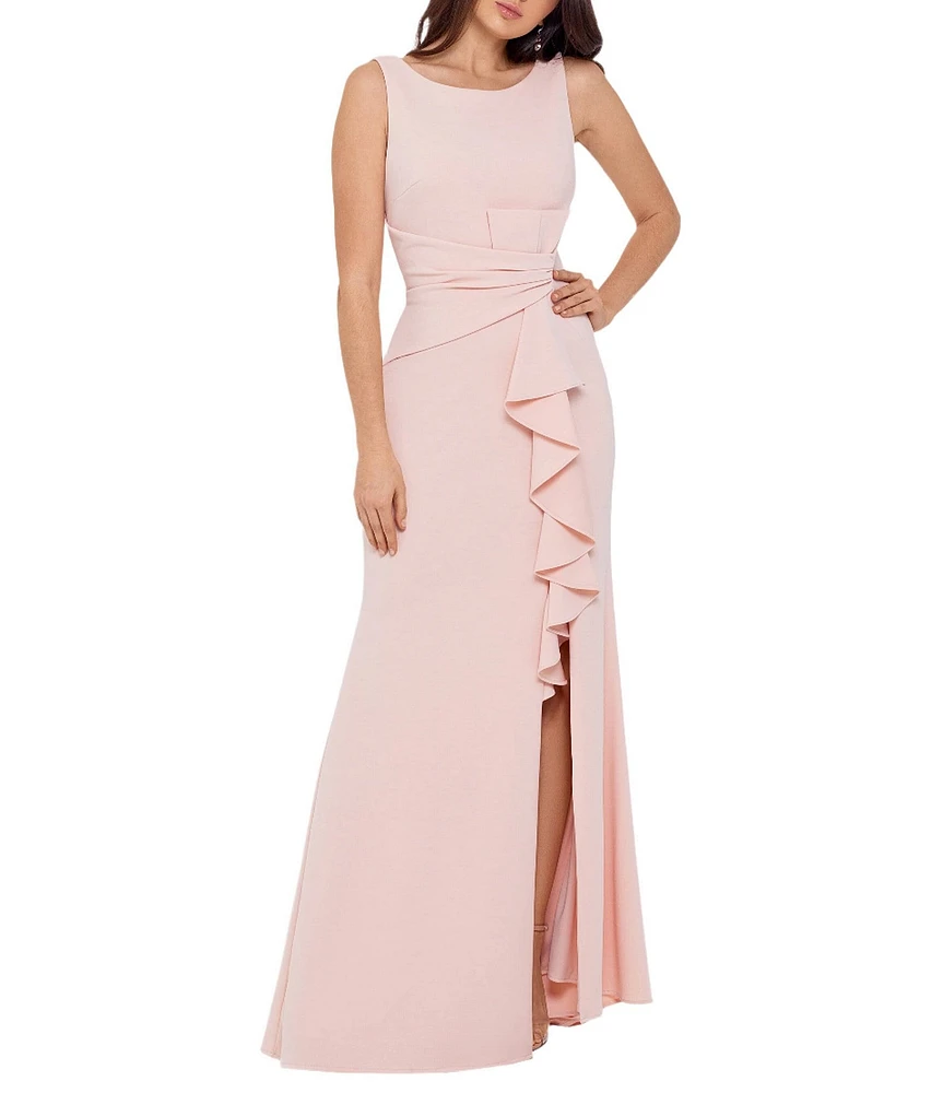 Betsy & Adam Petite Size Sleeveless Boat Neck Front Ruffle Gown