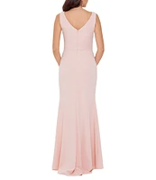 Betsy & Adam Petite Size Sleeveless Boat Neck Front Ruffle Gown