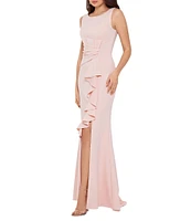 Betsy & Adam Petite Size Sleeveless Boat Neck Front Ruffle Gown