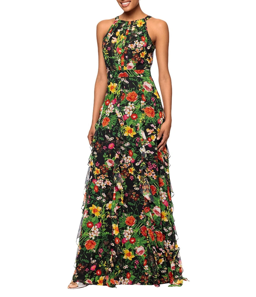 Betsy & Adam Petite Size Sleeveless Floral Print Ruffled Halter Chiffon Dress