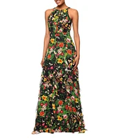 Betsy & Adam Petite Size Sleeveless Floral Print Ruffled Halter Chiffon Dress
