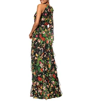 Betsy & Adam Petite Size Sleeveless Floral Print Ruffled Halter Chiffon Dress