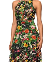 Betsy & Adam Petite Size Sleeveless Floral Print Ruffled Halter Chiffon Dress