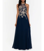 Betsy & Adam Petite Size Sleeveless Halter Embroidered Bodice Chiffon Gown