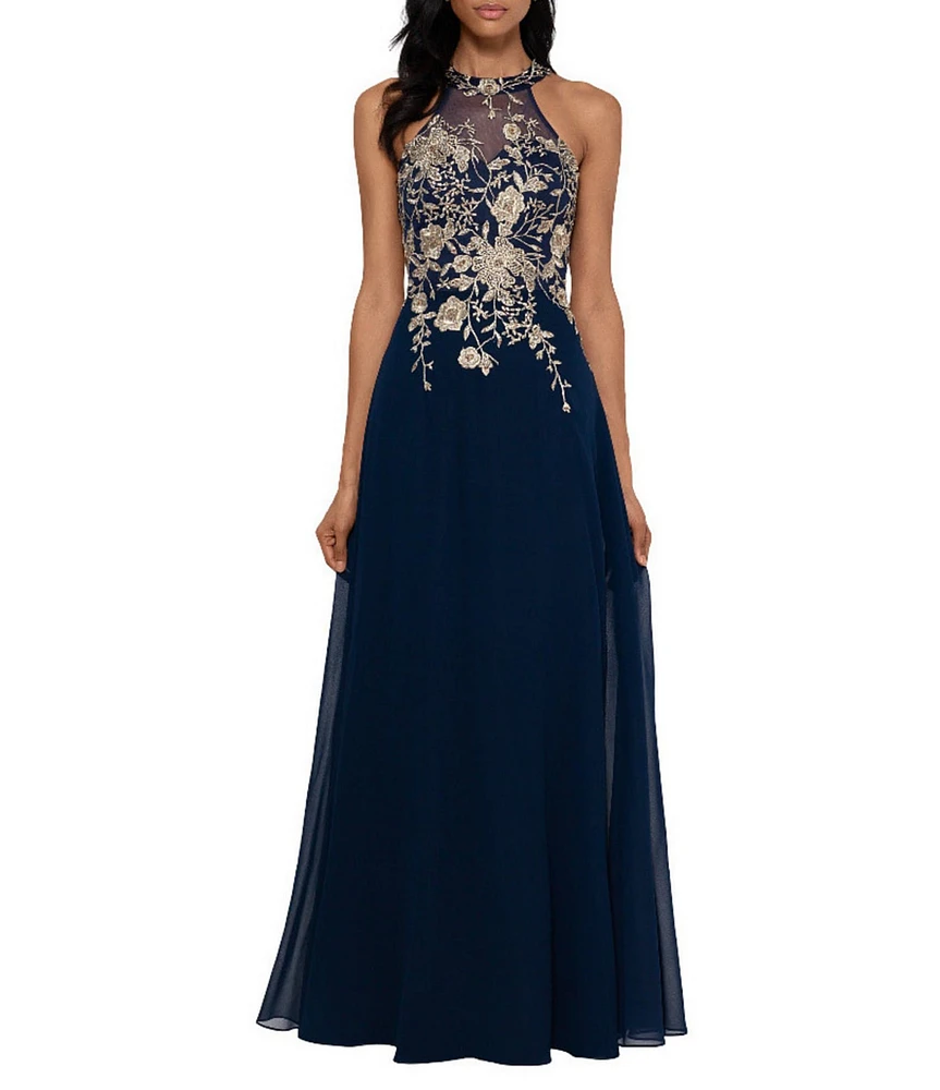 Betsy & Adam Petite Size Sleeveless Halter Embroidered Bodice Chiffon Gown