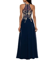 Betsy & Adam Petite Size Sleeveless Halter Embroidered Bodice Chiffon Gown