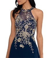 Betsy & Adam Petite Size Sleeveless Halter Embroidered Bodice Chiffon Gown