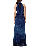 Betsy & Adam Petite Size Sleeveless Halter Mock Neck Front Slit Floral Blouson Maxi Dress