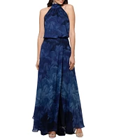 Betsy & Adam Petite Size Sleeveless Halter Mock Neck Front Slit Floral Blouson Maxi Dress