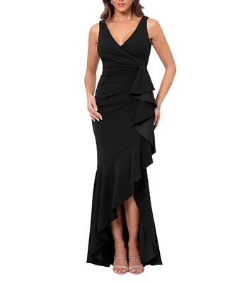 Betsy & Adam Petite Size Sleeveless V-Neck Spiral Ruffle Cascade Gown