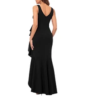 Betsy & Adam Petite Size Sleeveless V-Neck Spiral Ruffle Cascade Gown