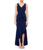 Betsy & Adam Petite Size Sleeveless V-Neck Spiral Ruffle Cascade Gown