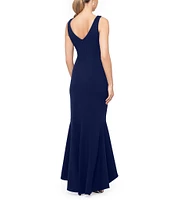 Betsy & Adam Petite Size Sleeveless V-Neck Spiral Ruffle Cascade Gown