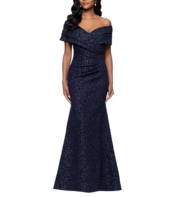 Betsy & Adam Petite Size Stretch Jacquard Off-the-Shoulder Dress